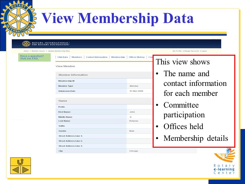 View Membership Data This view shows The name and contact information for each member Committee participation Offices held Membership details