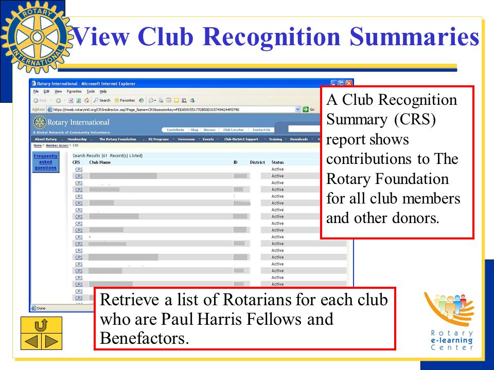 View Club Recognition Summaries A Club Recognition Summary (CRS) report shows contributions to The Rotary Foundation for all club members and other donors.