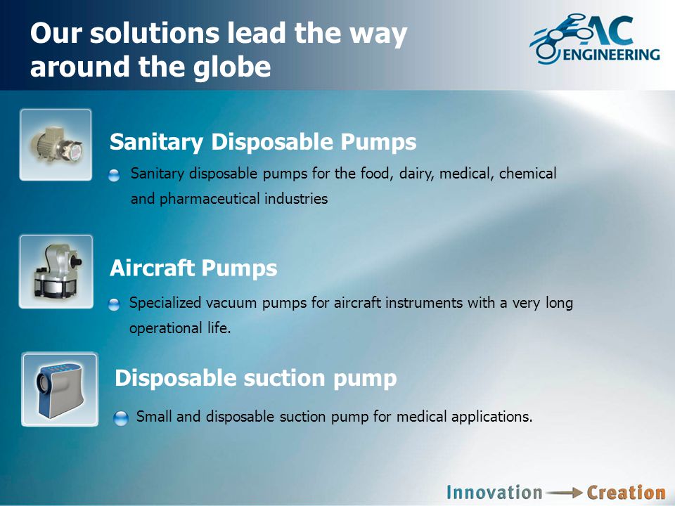 Our solutions lead the way around the globe Aircraft Pumps Specialized vacuum pumps for aircraft instruments with a very long operational life.