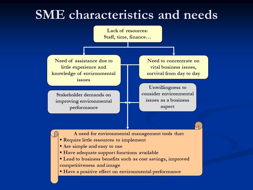 SME characteristics and needs Lack of resources: Staff, time, finance… Need of assistance due to little experience and knowledge of environmental issues Need to concentrate on vital business issues, survival from day to day Stakeholder demands on improving environmental performance Unwillingness to consider environmental issues as a business aspect A need for environmental management tools that:  Require little resources to implement  Are simple and easy to use  Have adequate support functions available  Lead to business benefits such as cost savings, improved competitiveness and image  Have a positive effect on environmental performance