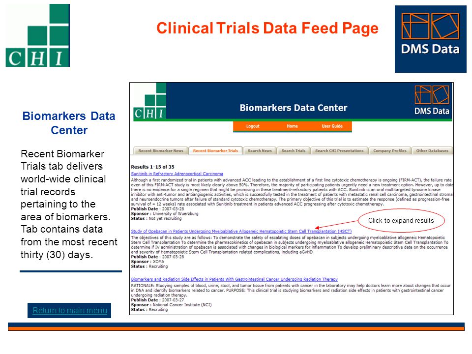 Biomarkers Data Center Recent Biomarker Trials tab delivers world-wide clinical trial records pertaining to the area of biomarkers.