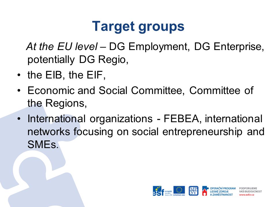Target groups At the EU level – DG Employment, DG Enterprise, potentially DG Regio, the EIB, the EIF, Economic and Social Committee, Committee of the Regions, International organizations - FEBEA, international networks focusing on social entrepreneurship and SMEs.