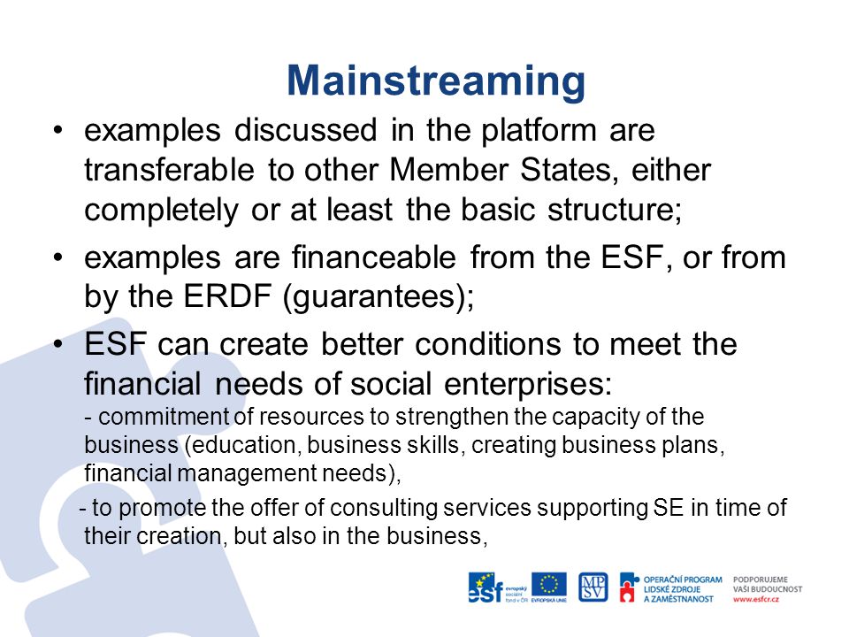 Mainstreaming examples discussed in the platform are transferable to other Member States, either completely or at least the basic structure; examples are financeable from the ESF, or from by the ERDF (guarantees); ESF can create better conditions to meet the financial needs of social enterprises: - commitment of resources to strengthen the capacity of the business (education, business skills, creating business plans, financial management needs), - to promote the offer of consulting services supporting SE in time of their creation, but also in the business,