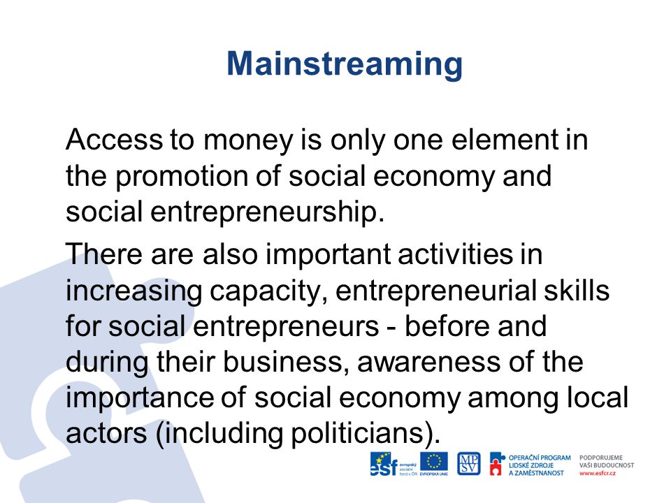 Mainstreaming Access to money is only one element in the promotion of social economy and social entrepreneurship.