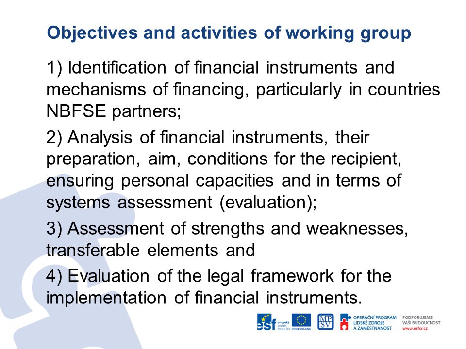 Objectives and activities of working group 1) Identification of financial instruments and mechanisms of financing, particularly in countries NBFSE partners; 2) Analysis of financial instruments, their preparation, aim, conditions for the recipient, ensuring personal capacities and in terms of systems assessment (evaluation); 3) Assessment of strengths and weaknesses, transferable elements and 4) Evaluation of the legal framework for the implementation of financial instruments.