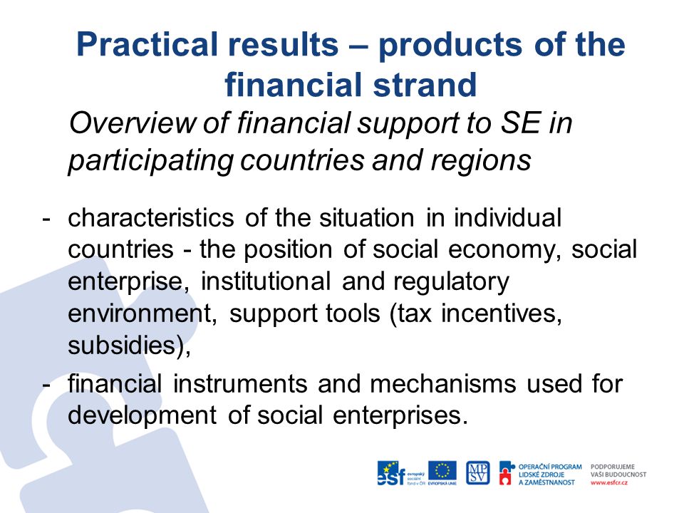Practical results – products of the financial strand Overview of financial support to SE in participating countries and regions -characteristics of the situation in individual countries - the position of social economy, social enterprise, institutional and regulatory environment, support tools (tax incentives, subsidies), -financial instruments and mechanisms used for development of social enterprises.