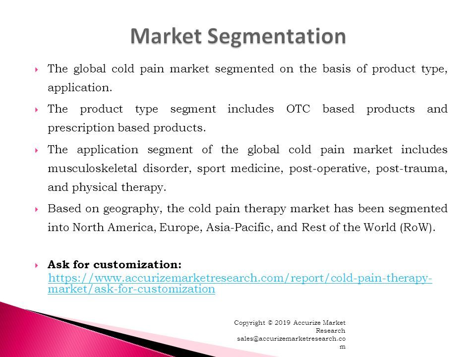  The global cold pain market segmented on the basis of product type, application.
