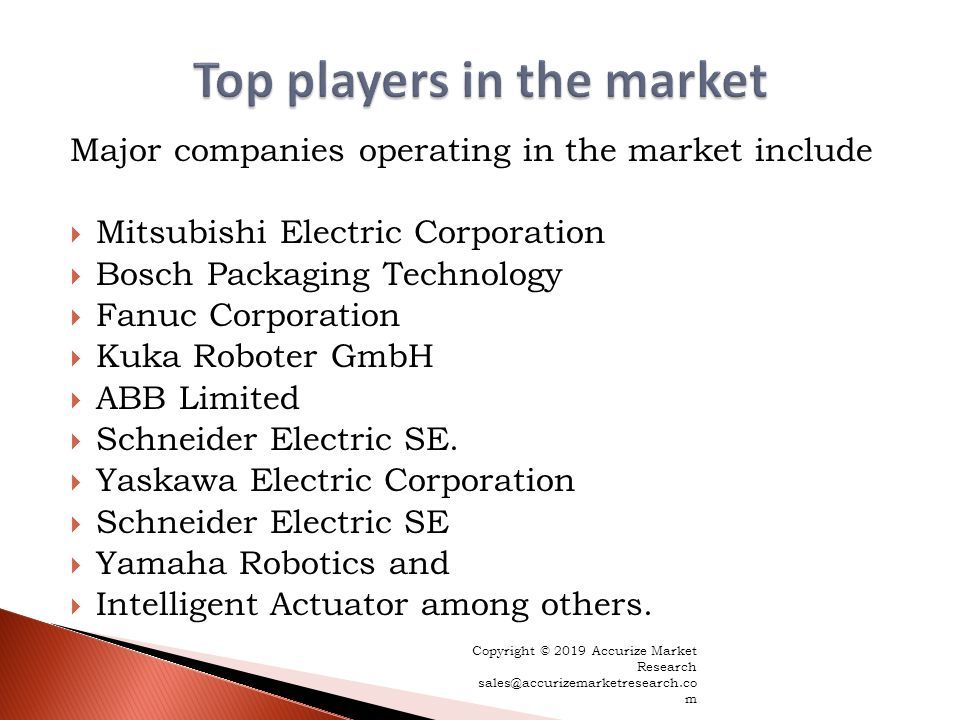 Major companies operating in the market include  Mitsubishi Electric Corporation  Bosch Packaging Technology  Fanuc Corporation  Kuka Roboter GmbH  ABB Limited  Schneider Electric SE.