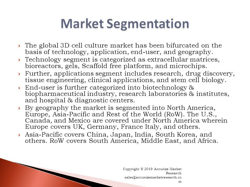  The global 3D cell culture market has been bifurcated on the basis of technology, application, end-user, and geography.