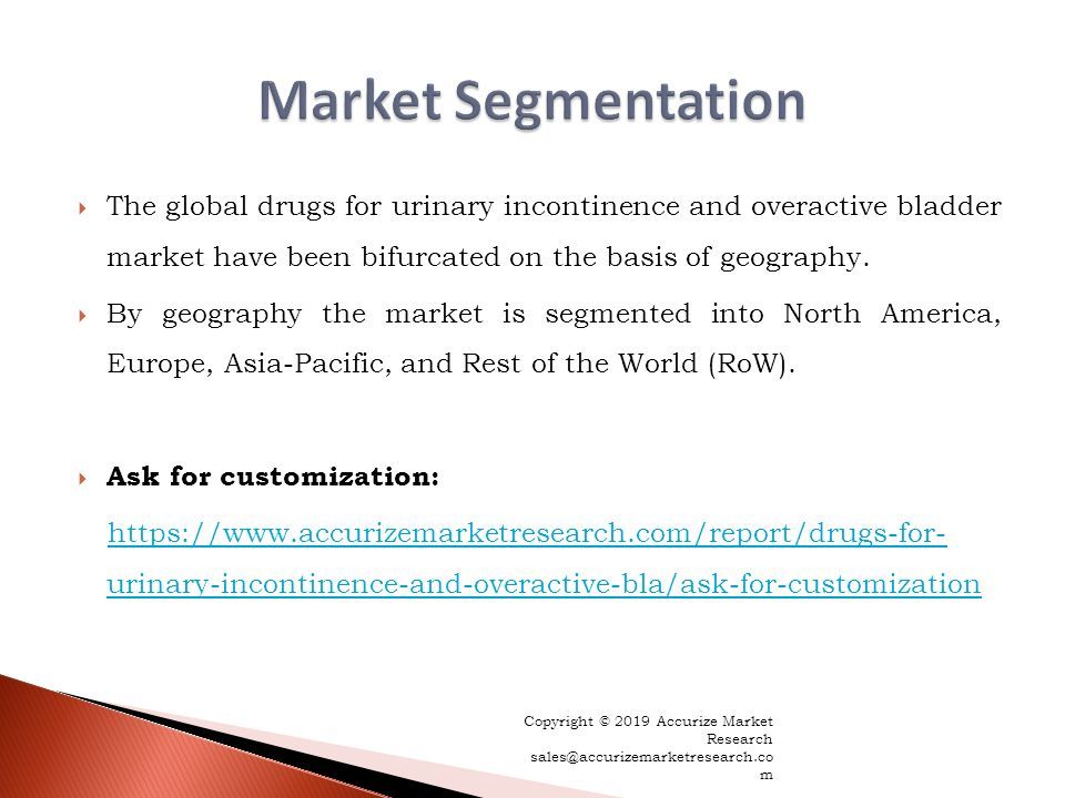  The global drugs for urinary incontinence and overactive bladder market have been bifurcated on the basis of geography.