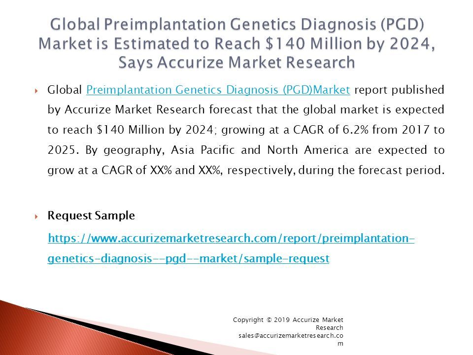  Global Preimplantation Genetics Diagnosis (PGD)Market report published by Accurize Market Research forecast that the global market is expected to reach $140 Million by 2024; growing at a CAGR of 6.2% from 2017 to 2025.