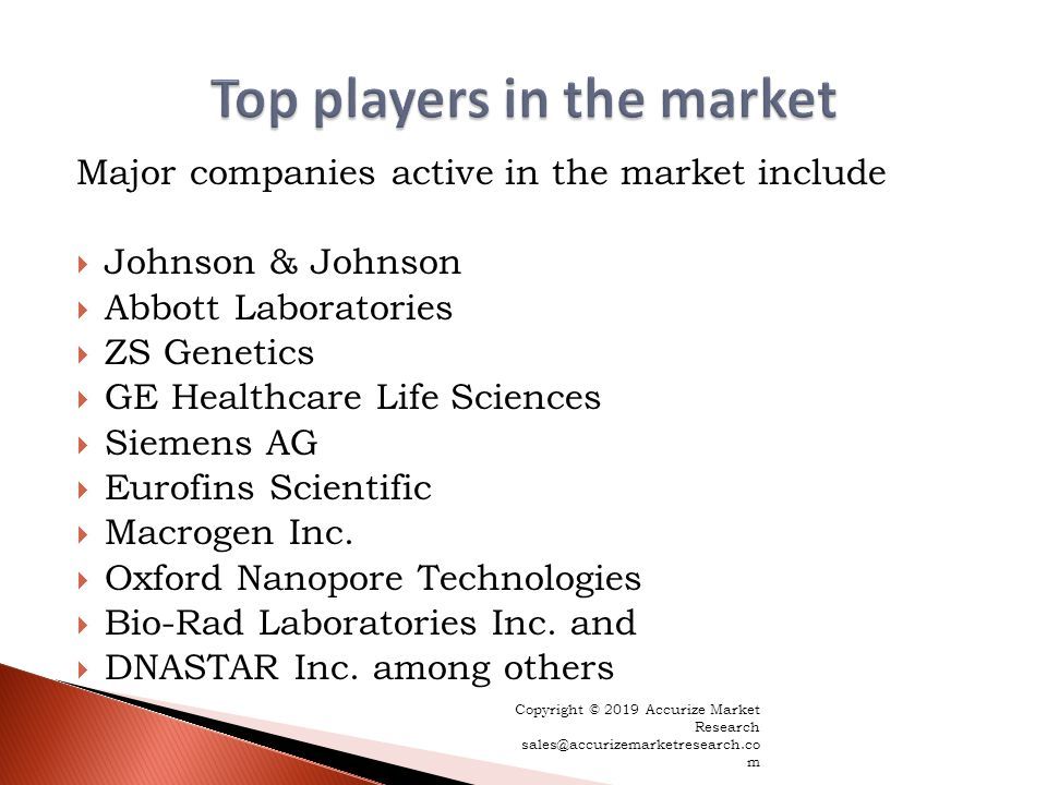 Major companies active in the market include  Johnson & Johnson  Abbott Laboratories  ZS Genetics  GE Healthcare Life Sciences  Siemens AG  Eurofins Scientific  Macrogen Inc.
