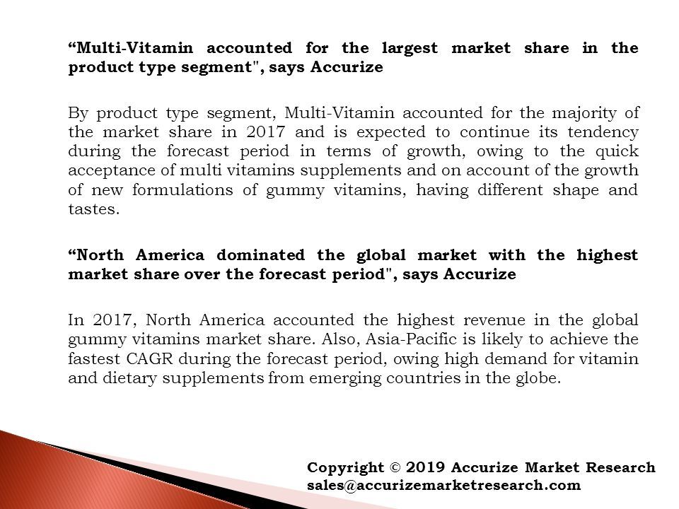 Multi-Vitamin accounted for the largest market share in the product type segment , says Accurize By product type segment, Multi-Vitamin accounted for the majority of the market share in 2017 and is expected to continue its tendency during the forecast period in terms of growth, owing to the quick acceptance of multi vitamins supplements and on account of the growth of new formulations of gummy vitamins, having different shape and tastes.