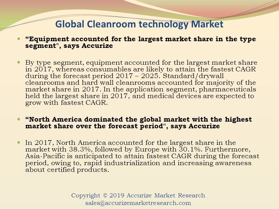 Global Cleanroom technology Market Equipment accounted for the largest market share in the type segment , says Accurize By type segment, equipment accounted for the largest market share in 2017, whereas consumables are likely to attain the fastest CAGR during the forecast period 2017 – 2025.