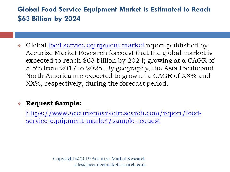 Global Food Service Equipment Market is Estimated to Reach $63 Billion by 2024 Copyright © 2019 Accurize Market Research  Global food service equipment market report published by Accurize Market Research forecast that the global market is expected to reach $63 billion by 2024; growing at a CAGR of 5.5% from 2017 to 2025.