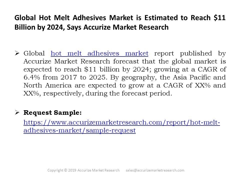 Global Hot Melt Adhesives Market is Estimated to Reach $11 Billion by 2024, Says Accurize Market Research  Global hot melt adhesives market report published by Accurize Market Research forecast that the global market is expected to reach $11 billion by 2024; growing at a CAGR of 6.4% from 2017 to 2025.
