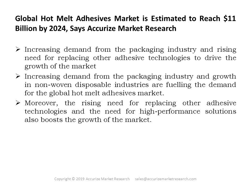 Global Hot Melt Adhesives Market is Estimated to Reach $11 Billion by 2024, Says Accurize Market Research  Increasing demand from the packaging industry and rising need for replacing other adhesive technologies to drive the growth of the market  Increasing demand from the packaging industry and growth in non-woven disposable industries are fuelling the demand for the global hot melt adhesives market.