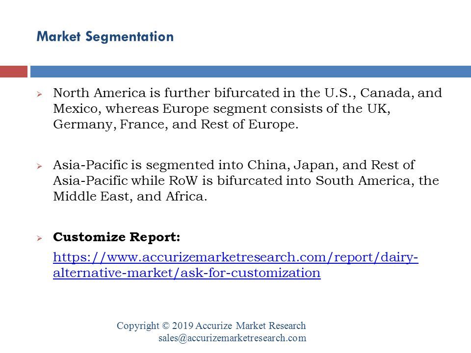 Market Segmentation Copyright © 2019 Accurize Market Research  North America is further bifurcated in the U.S., Canada, and Mexico, whereas Europe segment consists of the UK, Germany, France, and Rest of Europe.