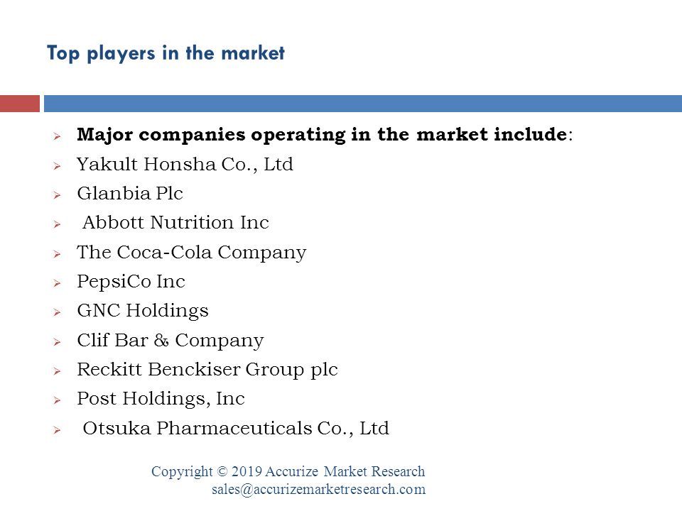 Top players in the market Copyright © 2019 Accurize Market Research  Major companies operating in the market include :  Yakult Honsha Co., Ltd  Glanbia Plc  Abbott Nutrition Inc  The Coca-Cola Company  PepsiCo Inc  GNC Holdings  Clif Bar & Company  Reckitt Benckiser Group plc  Post Holdings, Inc  Otsuka Pharmaceuticals Co., Ltd