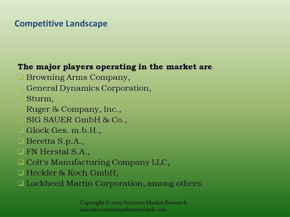 Competitive Landscape The major players operating in the market are  Browning Arms Company,  General Dynamics Corporation,  Sturm,  Ruger & Company, Inc.,  SIG SAUER GmbH & Co.,  Glock Ges.