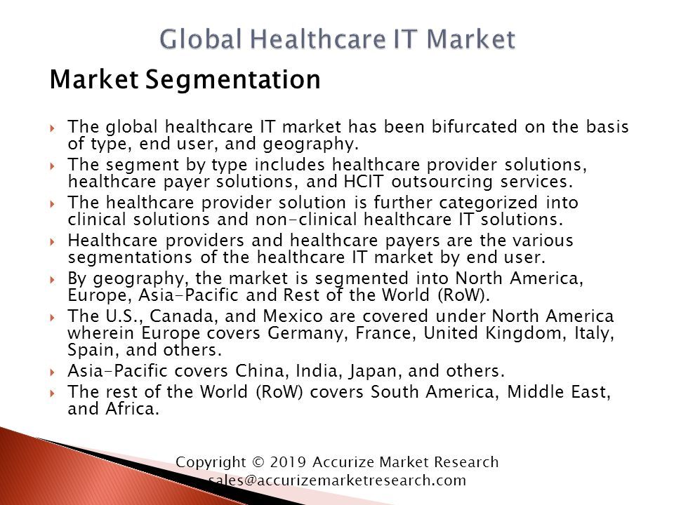 Market Segmentation  The global healthcare IT market has been bifurcated on the basis of type, end user, and geography.