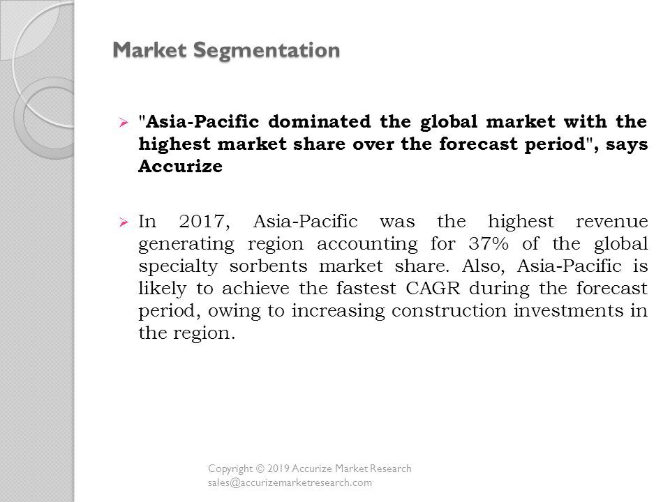 Market Segmentation  Asia-Pacific dominated the global market with the highest market share over the forecast period , says Accurize  In 2017, Asia-Pacific was the highest revenue generating region accounting for 37% of the global specialty sorbents market share.