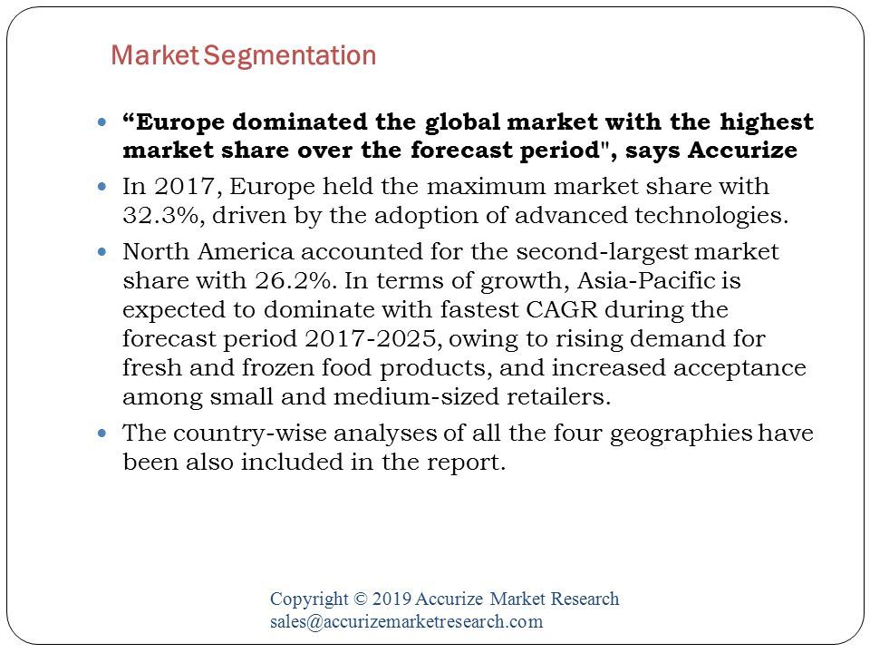 Market Segmentation Copyright © 2019 Accurize Market Research Europe dominated the global market with the highest market share over the forecast period , says Accurize In 2017, Europe held the maximum market share with 32.3%, driven by the adoption of advanced technologies.