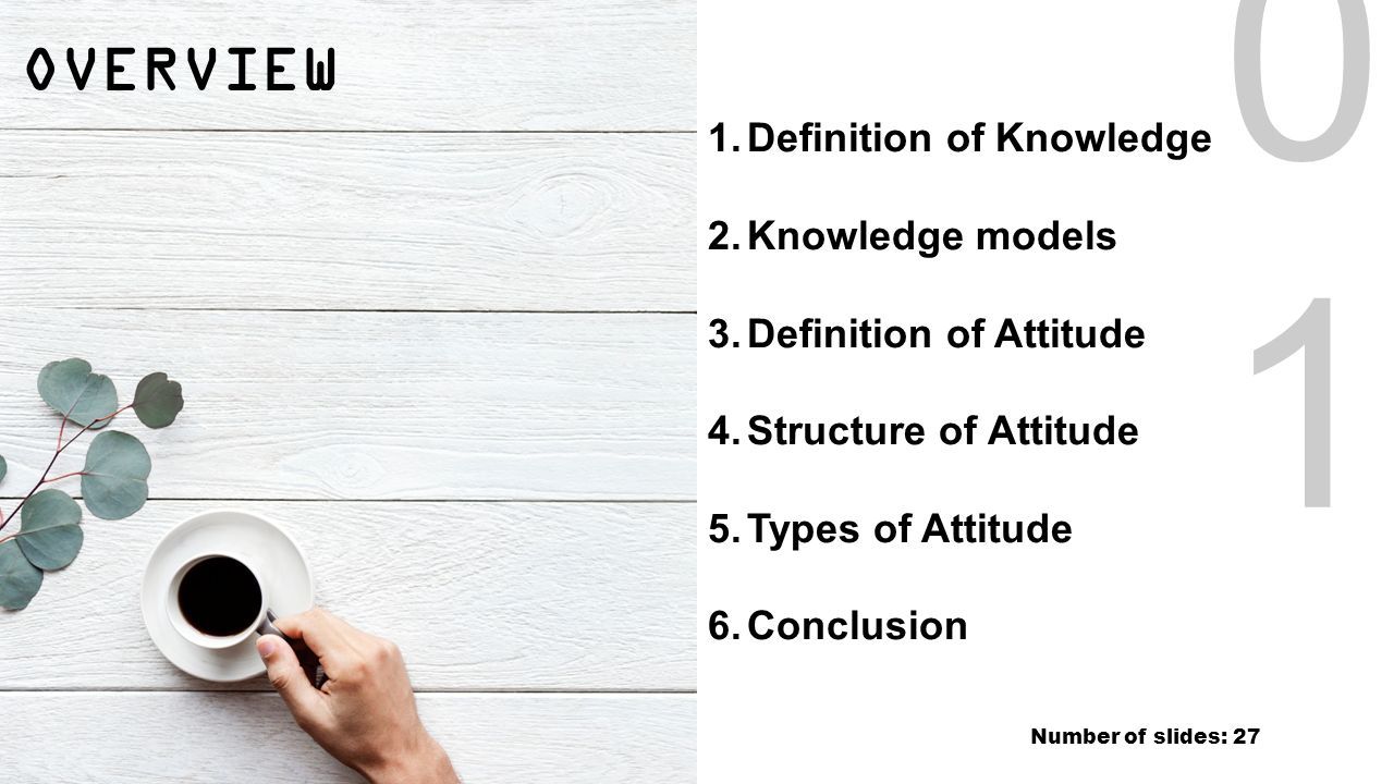 0101 OVERVIEW 1.Definition of Knowledge 2.Knowledge models 3.Definition of Attitude 4.Structure of Attitude 5.Types of Attitude 6.Conclusion Number of slides: 27