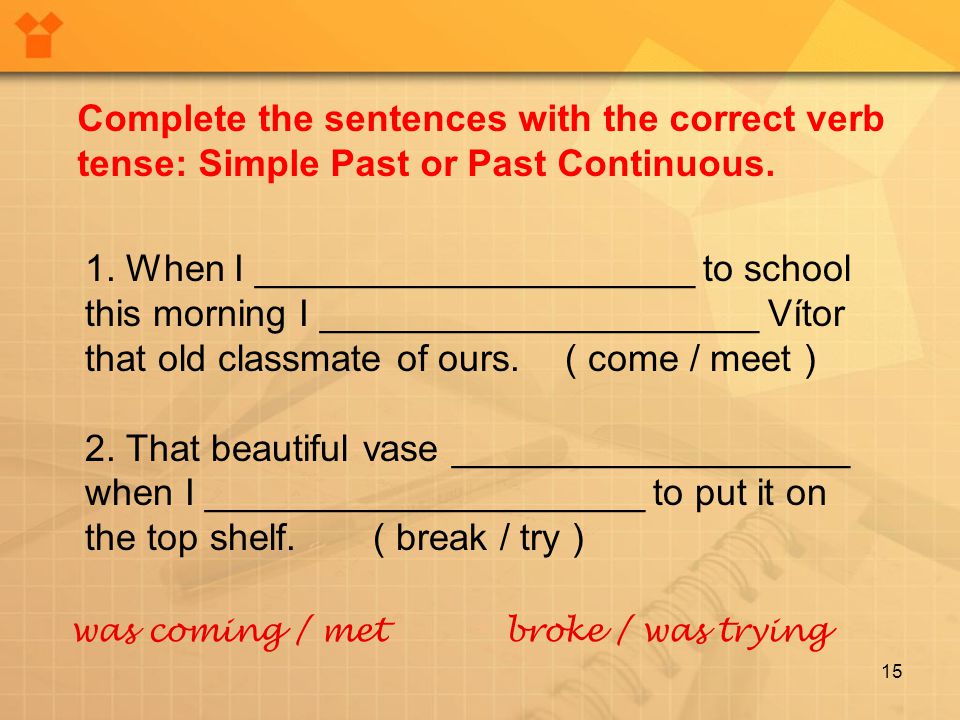 15 Complete the sentences with the correct verb tense: Simple Past or Past Continuous.