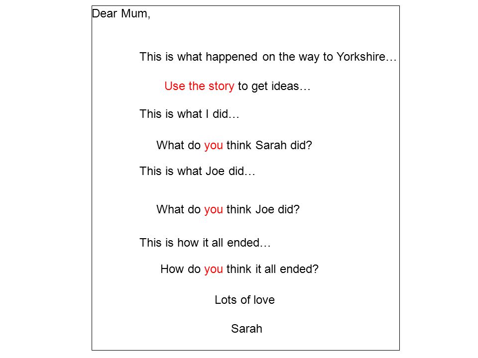 Dear Mum, This is what happened on the way to Yorkshire… This is what I did… This is what Joe did… This is how it all ended… Lots of love Sarah What do you think Sarah did.