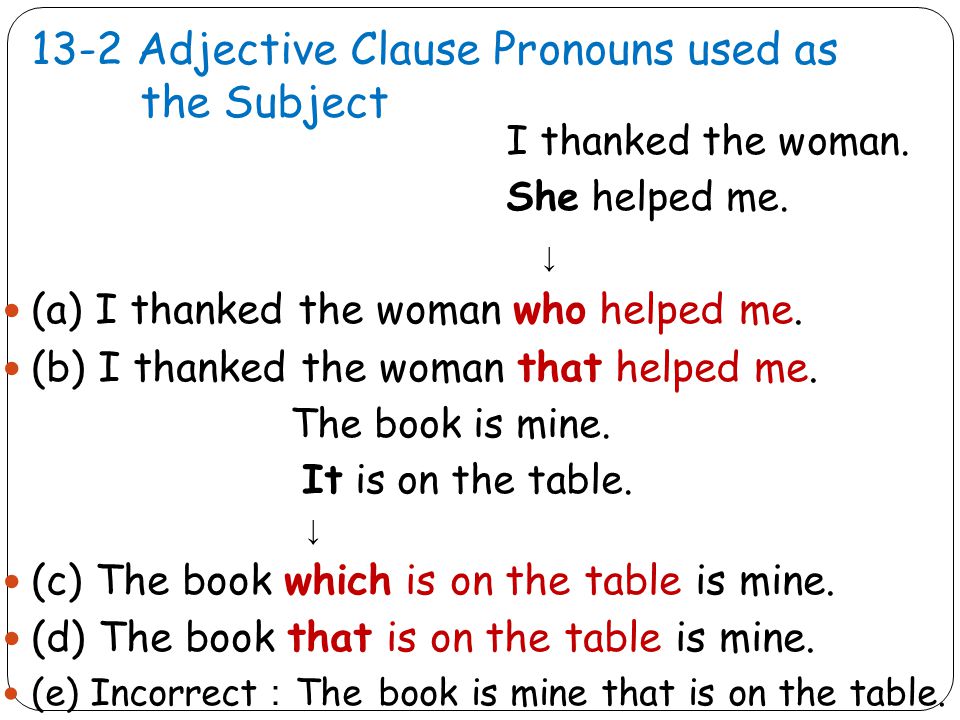 13-2 Adjective Clause Pronouns used as the Subject I thanked the woman.
