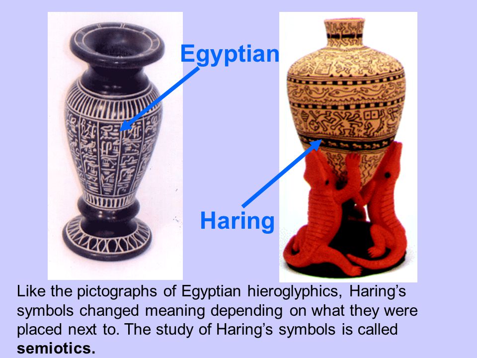 Like the pictographs of Egyptian hieroglyphics, Haring’s symbols changed meaning depending on what they were placed next to.