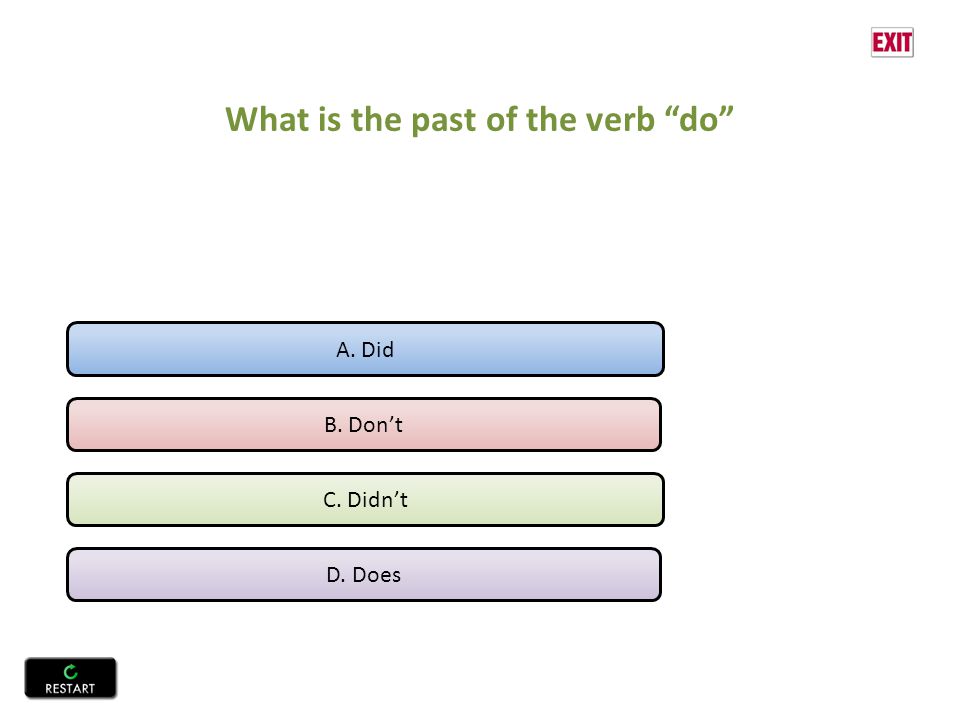 What is the past of the verb do A. Did B. Don’t C. Didn’t D. Does