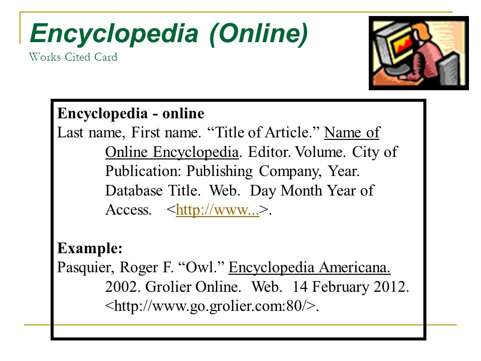 books works cited card book one author last name first name book works cited encyclopedia