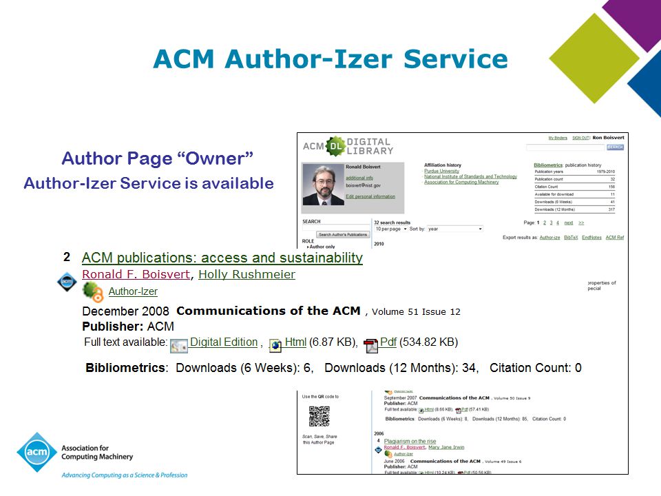 ACM Author-Izer Service Author Page Owner Author-Izer Service is available