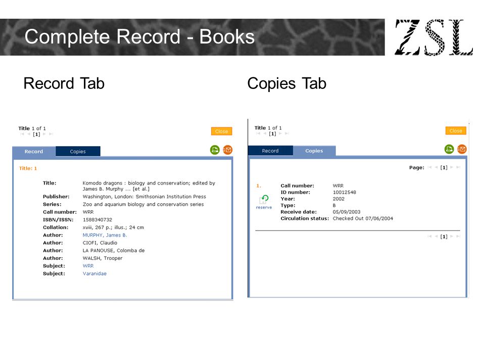 Complete Record - Books Record TabCopies Tab