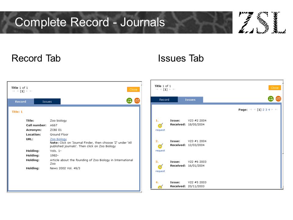 Complete Record - Journals Record TabIssues Tab
