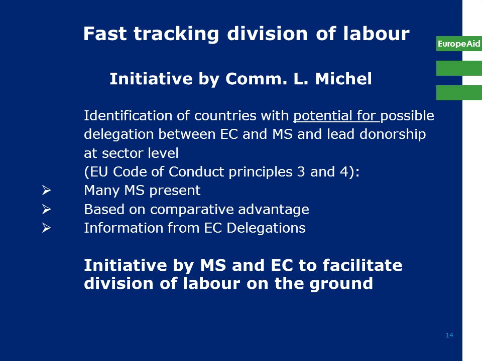 EuropeAid 14 Fast tracking division of labour Initiative by Comm.