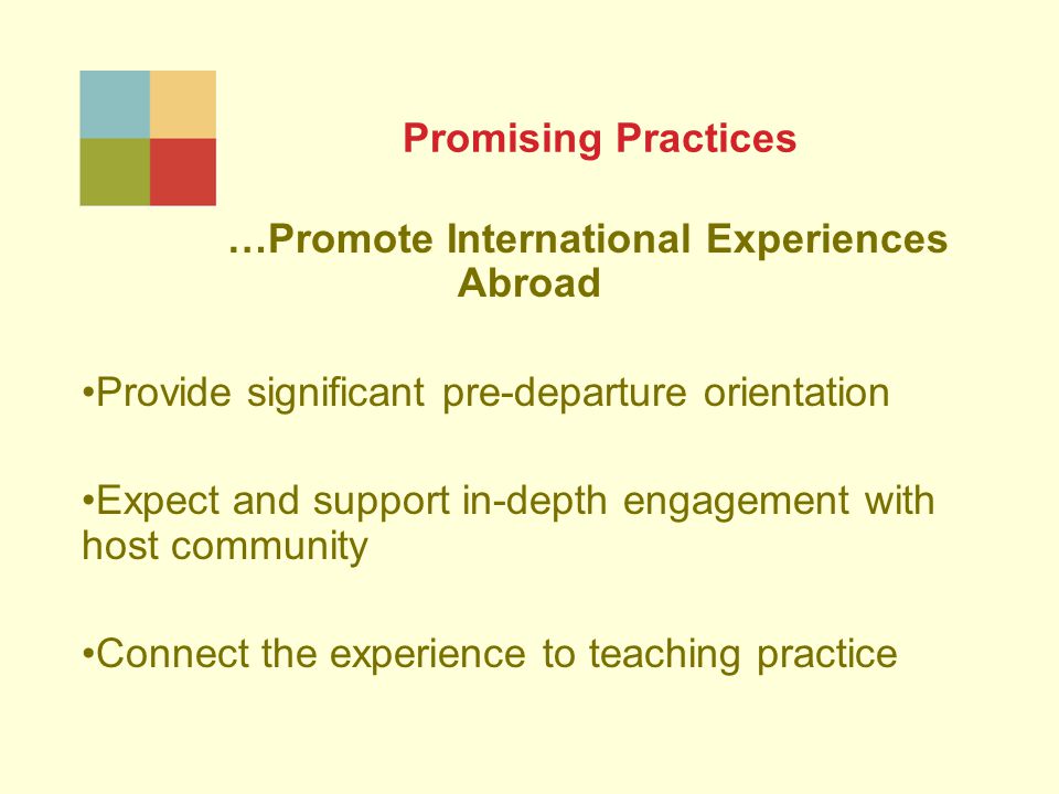 Promising Practices …Promote International Experiences Abroad Provide significant pre-departure orientation Expect and support in-depth engagement with host community Connect the experience to teaching practice