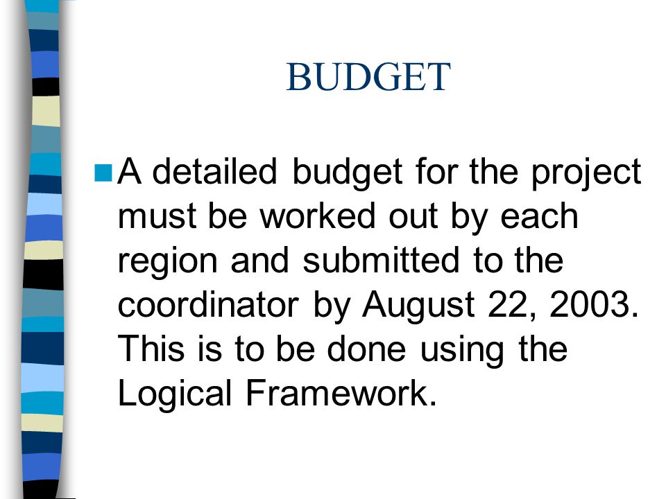 BUDGET A detailed budget for the project must be worked out by each region and submitted to the coordinator by August 22, 2003.