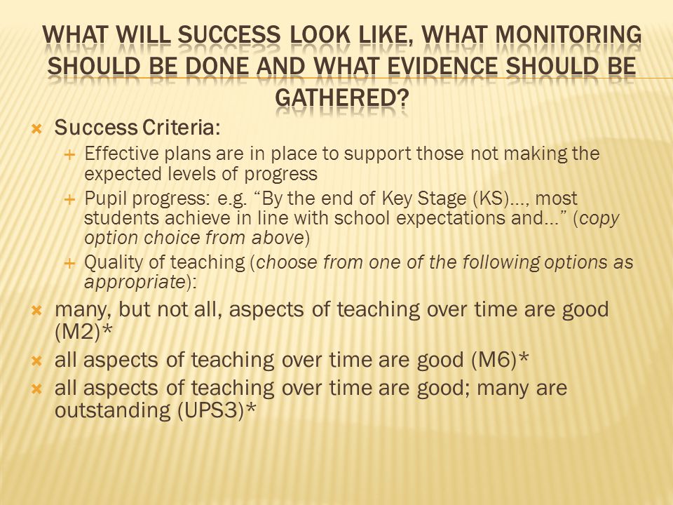  Success Criteria:  Effective plans are in place to support those not making the expected levels of progress  Pupil progress: e.g.