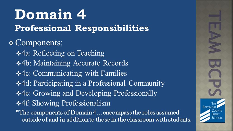 Domain 4 Professional Responsibilities  Components:  4a: Reflecting on Teaching  4b: Maintaining Accurate Records  4c: Communicating with Families  4d: Participating in a Professional Community  4e: Growing and Developing Professionally  4f: Showing Professionalism *The components of Domain 4…encompass the roles assumed outside of and in addition to those in the classroom with students.