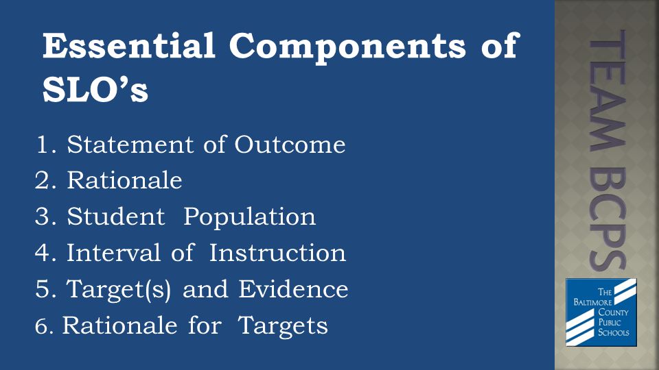 Essential Components of SLO’s 1. Statement of Outcome 2.