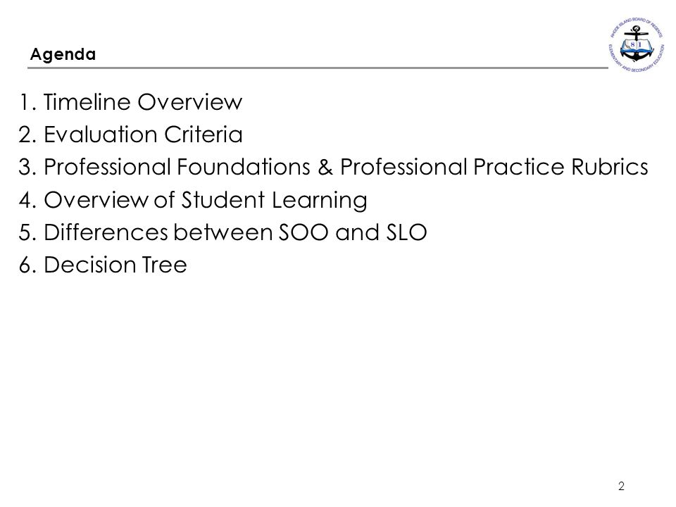 2 1.Timeline Overview 2.Evaluation Criteria 3.Professional Foundations & Professional Practice Rubrics 4.Overview of Student Learning 5.Differences between SOO and SLO 6.Decision Tree Agenda