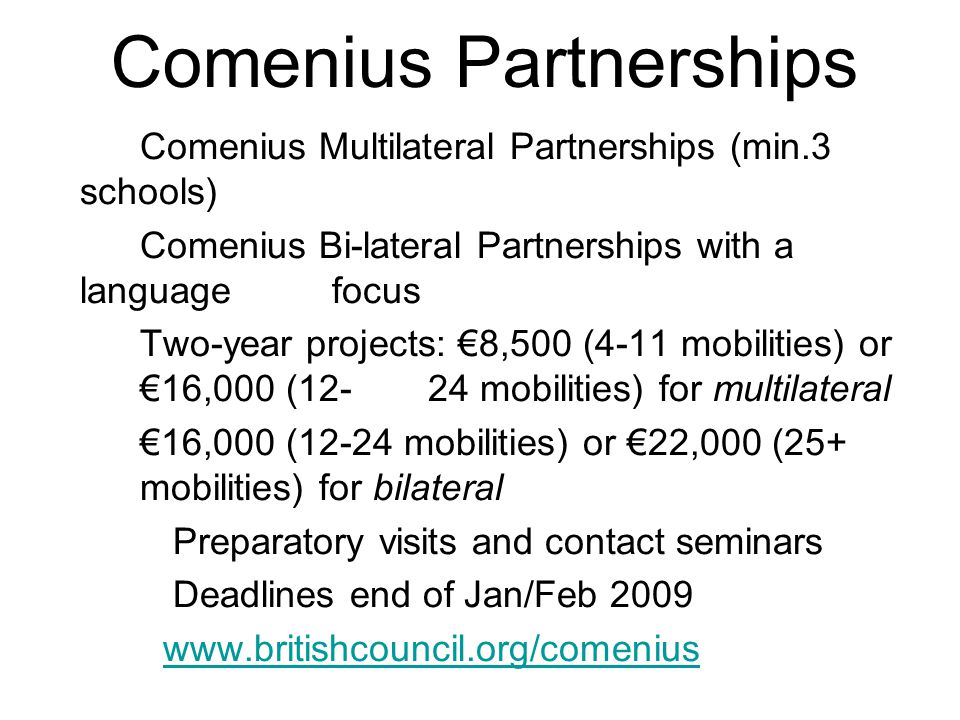 Comenius Partnerships Comenius Multilateral Partnerships (min.3 schools) Comenius Bi-lateral Partnerships with a language focus Two-year projects: €8,500 (4-11 mobilities) or €16,000 (12-24 mobilities) for multilateral €16,000 (12-24 mobilities) or €22,000 (25+ mobilities) for bilateral Preparatory visits and contact seminars Deadlines end of Jan/Feb
