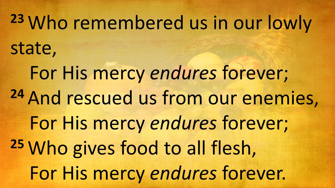 23 Who remembered us in our lowly state, For His mercy endures forever; 24 And rescued us from our enemies, For His mercy endures forever; 25 Who gives food to all flesh, For His mercy endures forever.