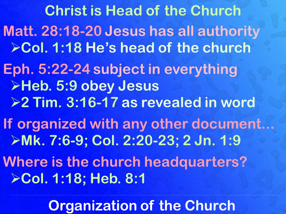 Organization of the Church Christ is Head of the Church Matt.