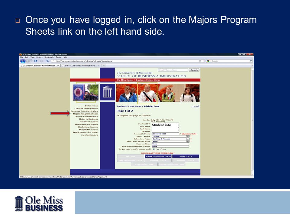  Once you have logged in, click on the Majors Program Sheets link on the left hand side.
