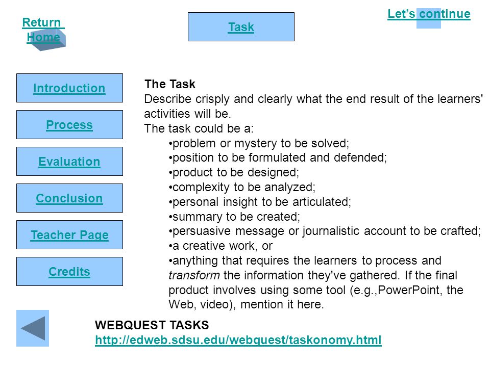 Let’s continue Return Home Introduction Task Process Conclusion Evaluation Teacher Page Credits The Task Describe crisply and clearly what the end result of the learners activities will be.
