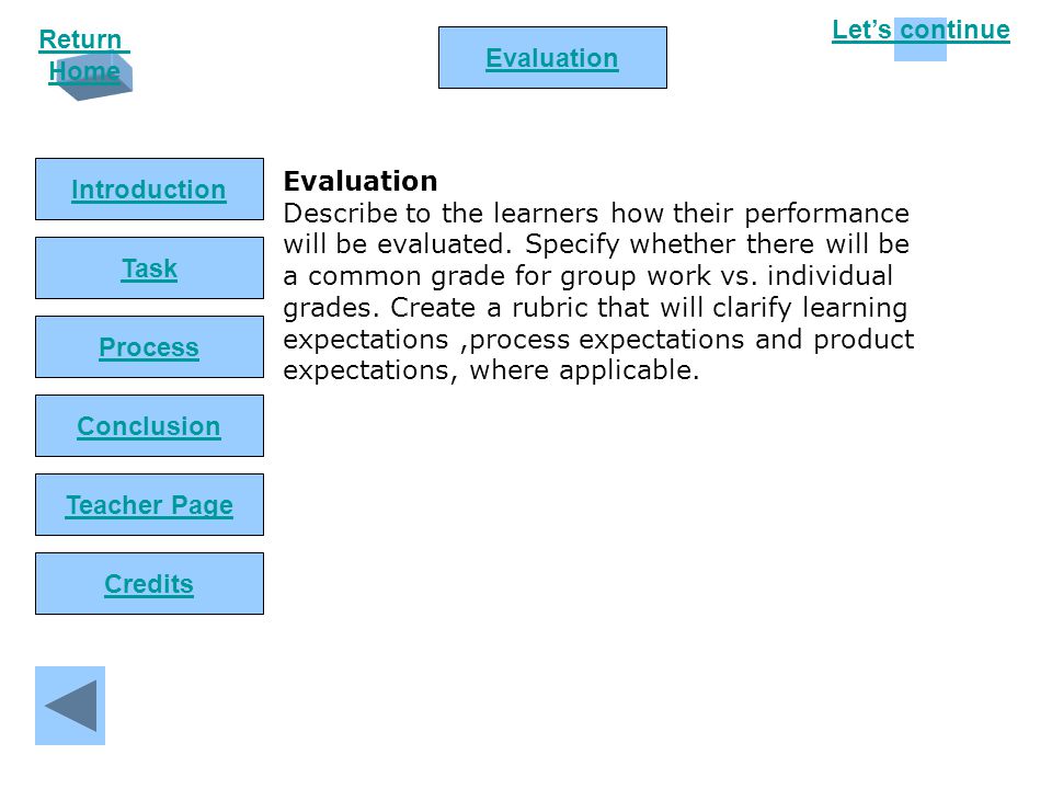 Let’s continue Return Home Introduction Task Process Conclusion Evaluation Teacher Page Credits Evaluation Describe to the learners how their performance will be evaluated.